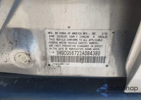 2002 Honda Accord 2.3 Se z USA, uszkodzony, nr VIN 1HGCG56722A084380